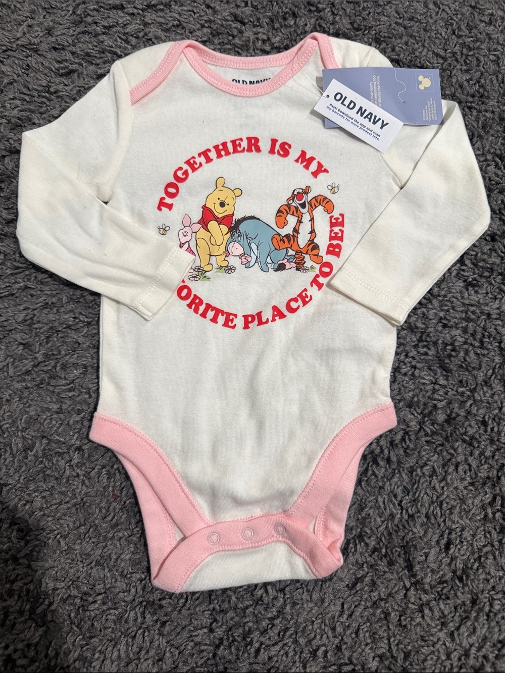 Old Navy White One-Piece Bodysuit with Pink Trim and Winnie the Pooh Print